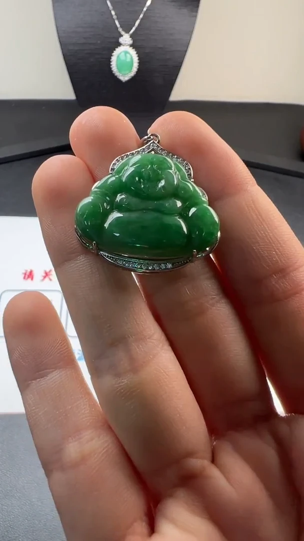 吊坠(不含链)银S925镶嵌翡翠天然缅甸A货翡翠 弥勒佛