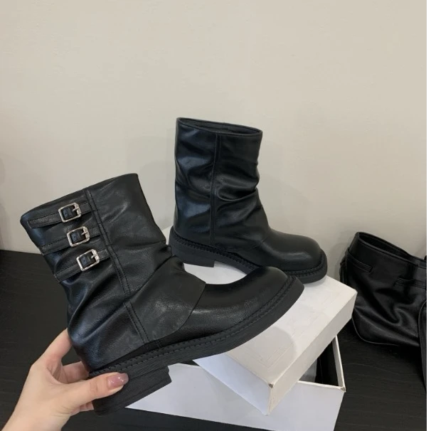 真皮版~复古皮带扣褶皱短靴女美拉德西部牛仔靴厚底裤管靴马丁靴