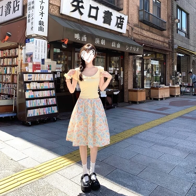 【现货】昭和doll感蝴蝶结少女感日系风短款T恤碎花半身裙中裙套装