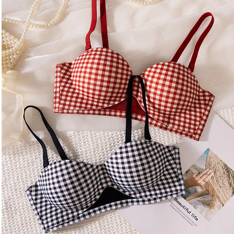 时尚格子立体小胸聚拢显大内衣女厚款不空杯圆胸舒适提拉性感内衣