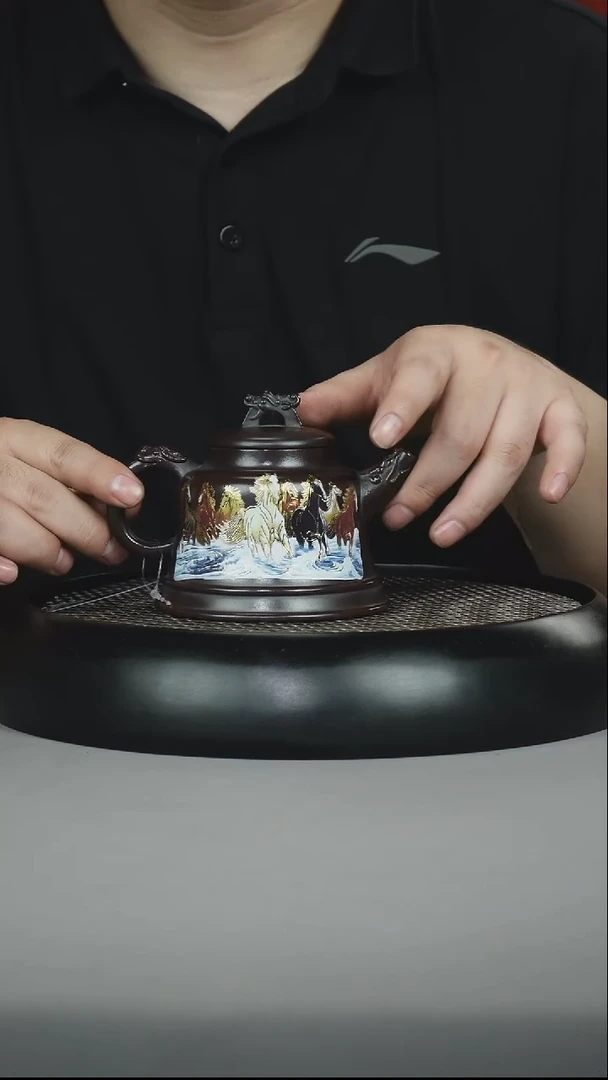 茶壶紫砂铁血红砂 龙尊金钟 八骏 珐琅彩