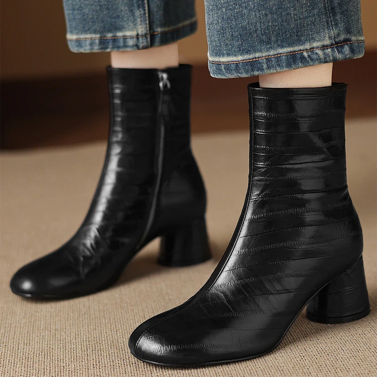 6CM羊皮高级穿搭气质真皮小短靴瘦瘦靴秋冬短筒粗跟不累高跟鞋