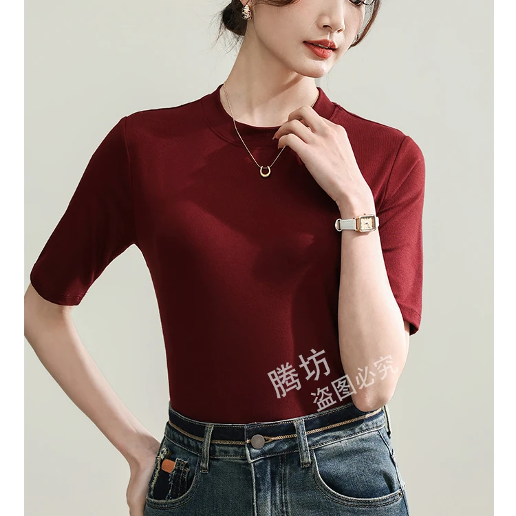 【认准正品】优质女五分袖立领纯色女半袖t恤百搭时尚中袖8021