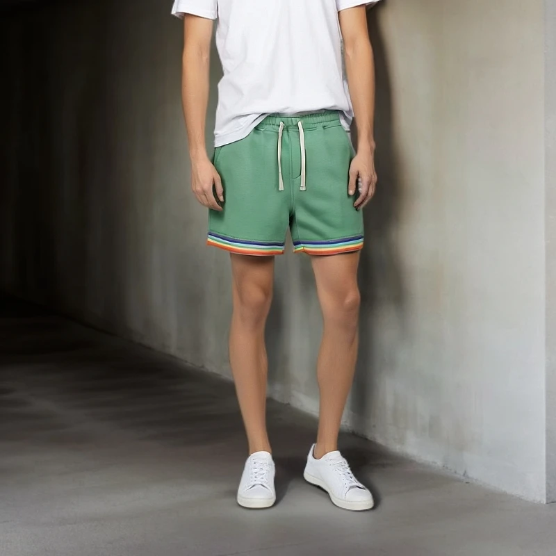 针织棉质运动短裤男士健身三分裤系带彩虹边运动短裤青年3分裤潮