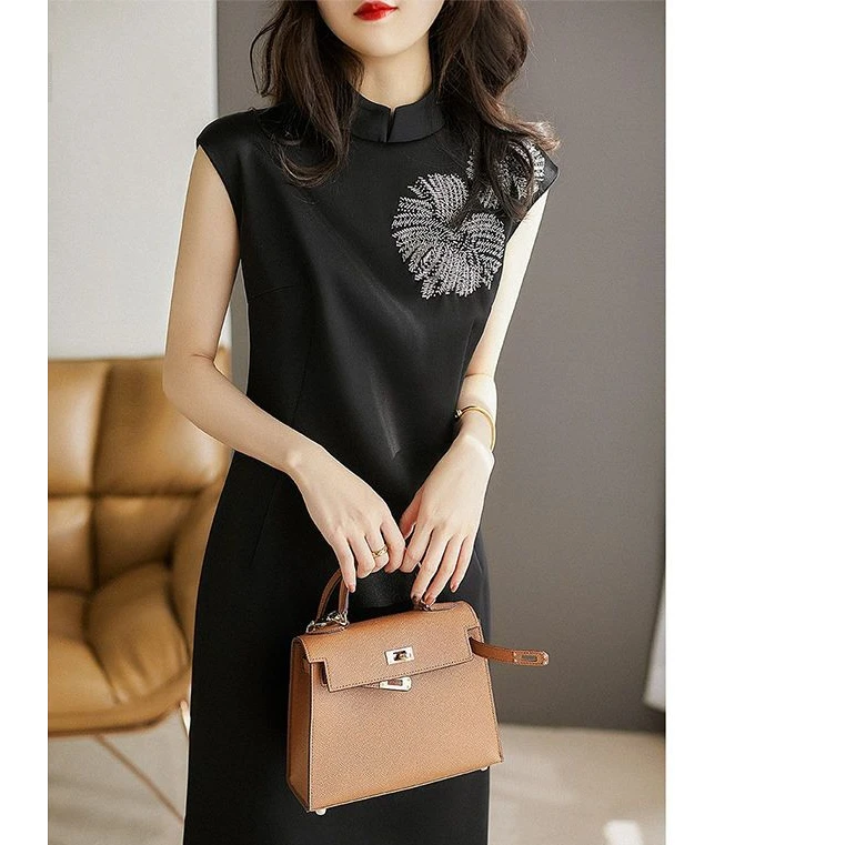 【清仓】潮流时尚精致重工银叶点缀小立领旗袍款连衣裙女夏季气质复