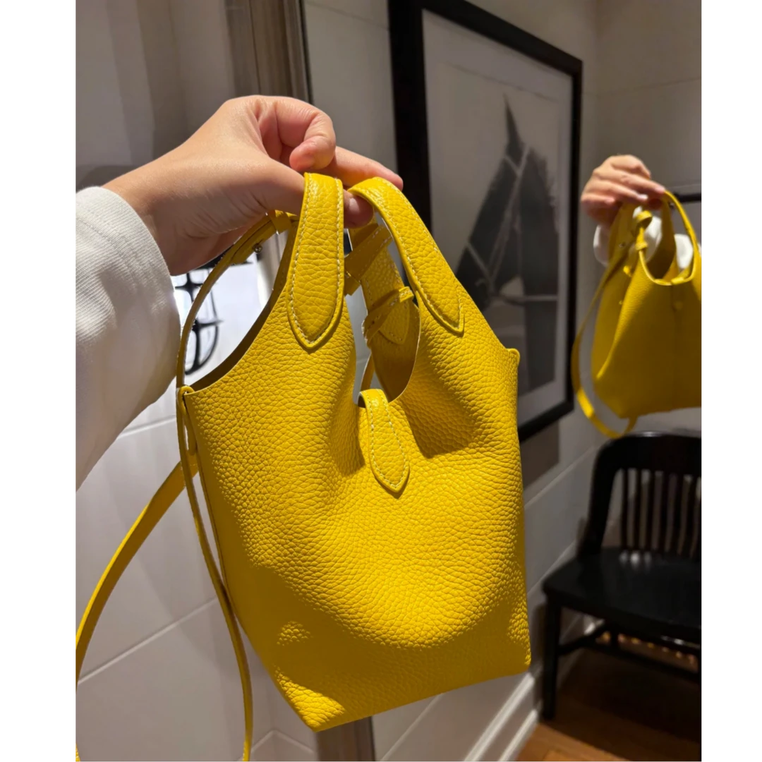 西泊克2025新款头层牛皮菜篮子手提包单肩斜挎休闲软包百搭水桶包