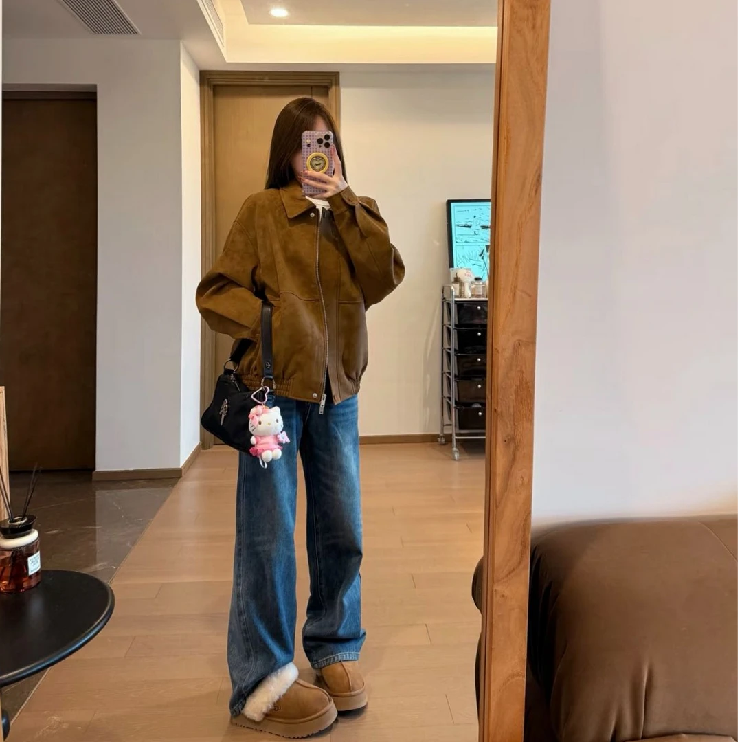 韩式棕色麂皮秋季口袋翻领短款拉链女短外套上衣秋冬职场休闲风