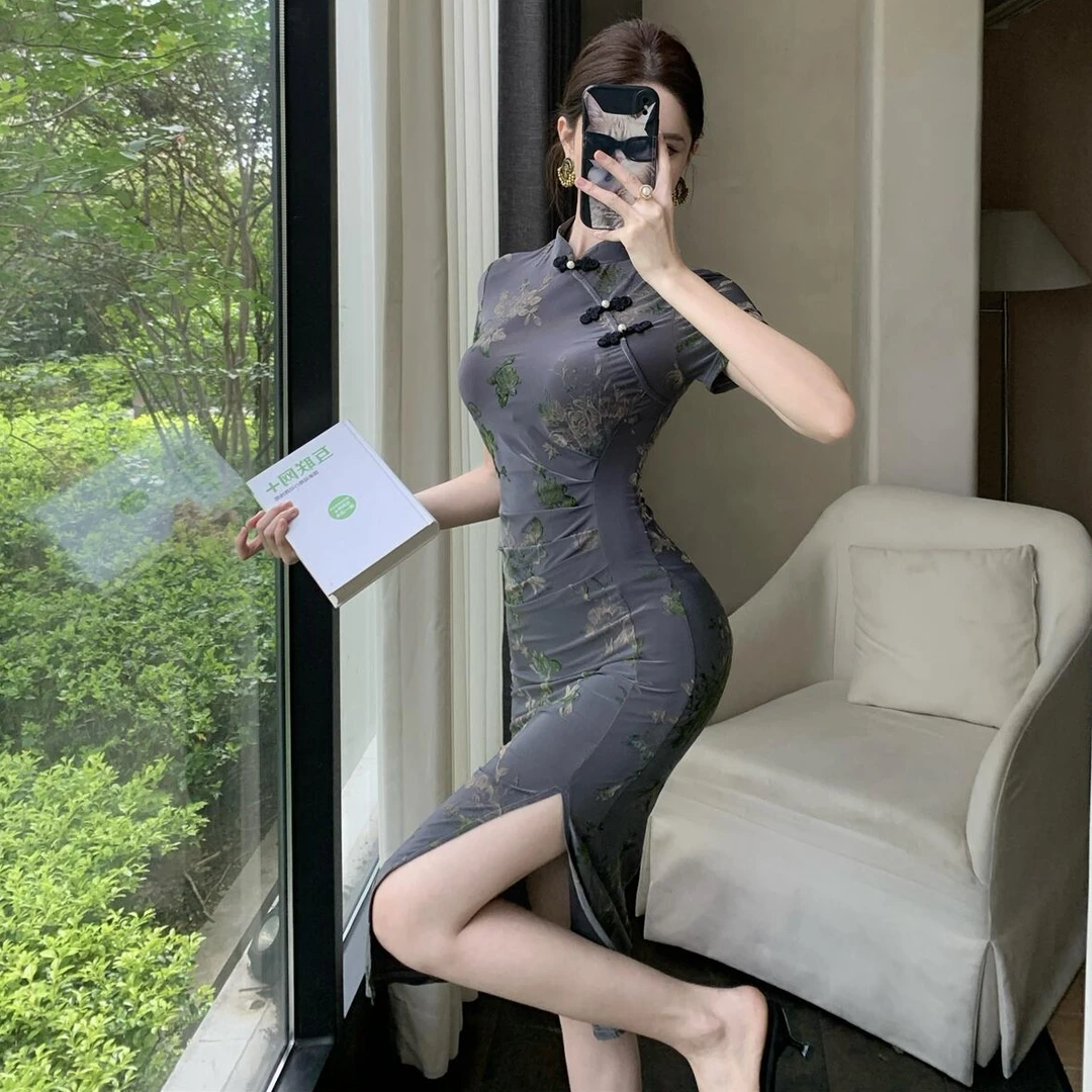 复古轻熟植绒印花改良式旗袍气质优雅高腰修身开叉显瘦包臀连衣裙