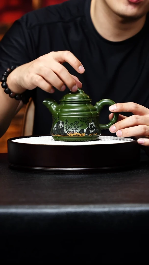 茶壶紫砂宜兴紫砂 熊猫抽角竹鼎 绿泥