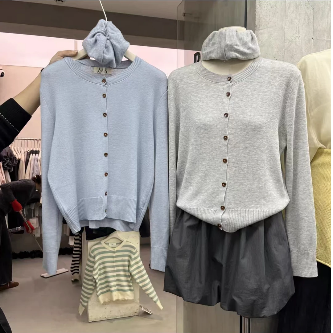 休闲毛衣春季绵刺绣开衫灰色衫女装网红长袖毛针织衫