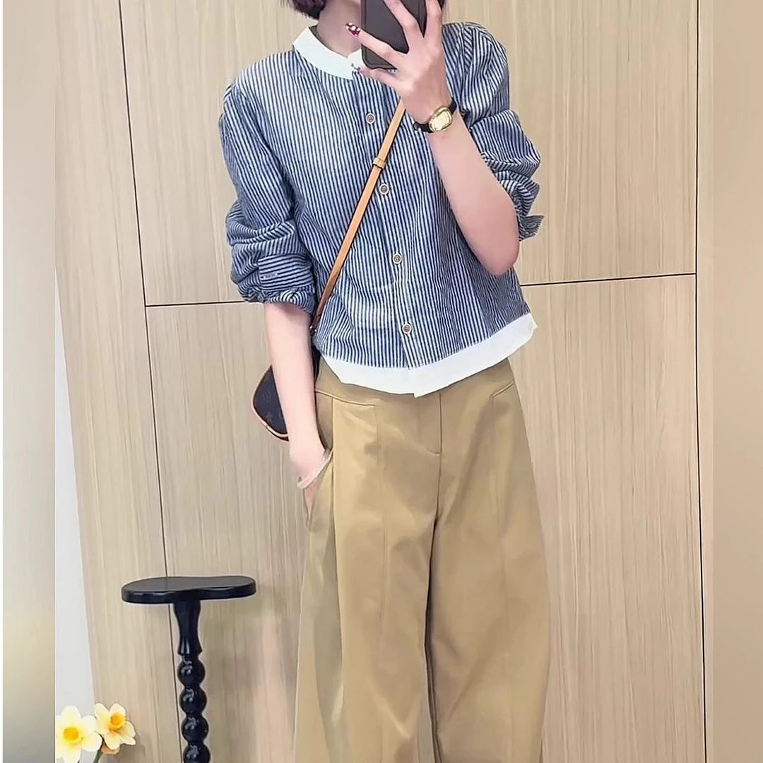 韩版小香风设计感撞色拼接条纹衬衫女休闲高级感休闲阔腿裤两件套