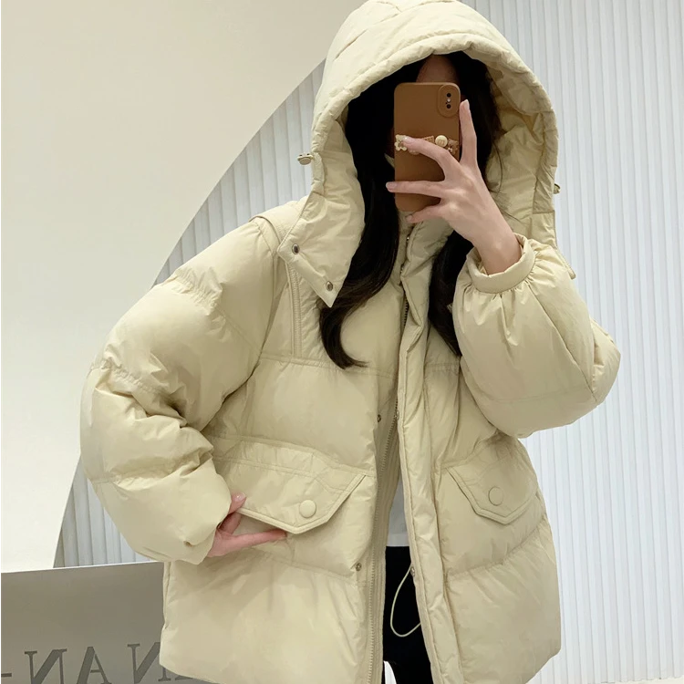 立领连帽修身羽绒服女中长款收腰显瘦加厚休闲外套