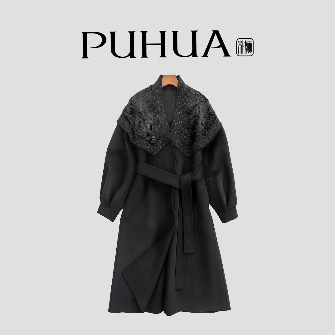 【PUHUA-朴婳】2024重工象膏毛云肩刺绣双面尼羊毛大衣 078Q