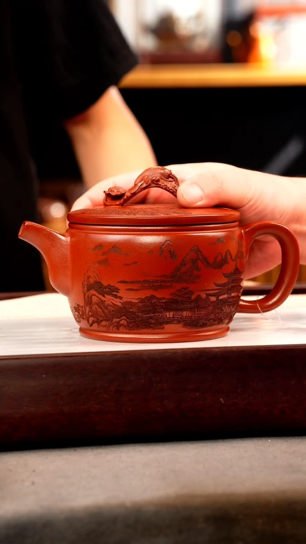 茶壶紫砂龙血砂 如意汉瓦 刻绘