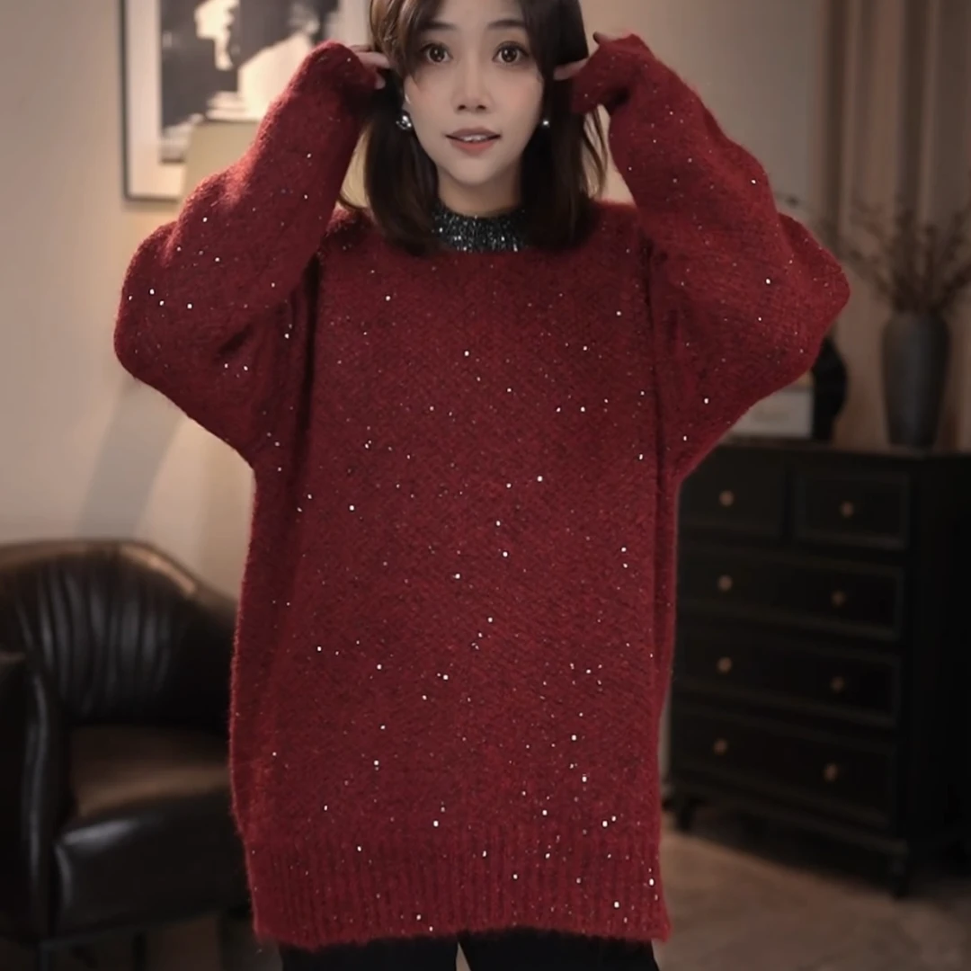 2024冬季新款时尚减龄洋气欧货珠片圆领套头加厚软亲肤毛衣针织衫