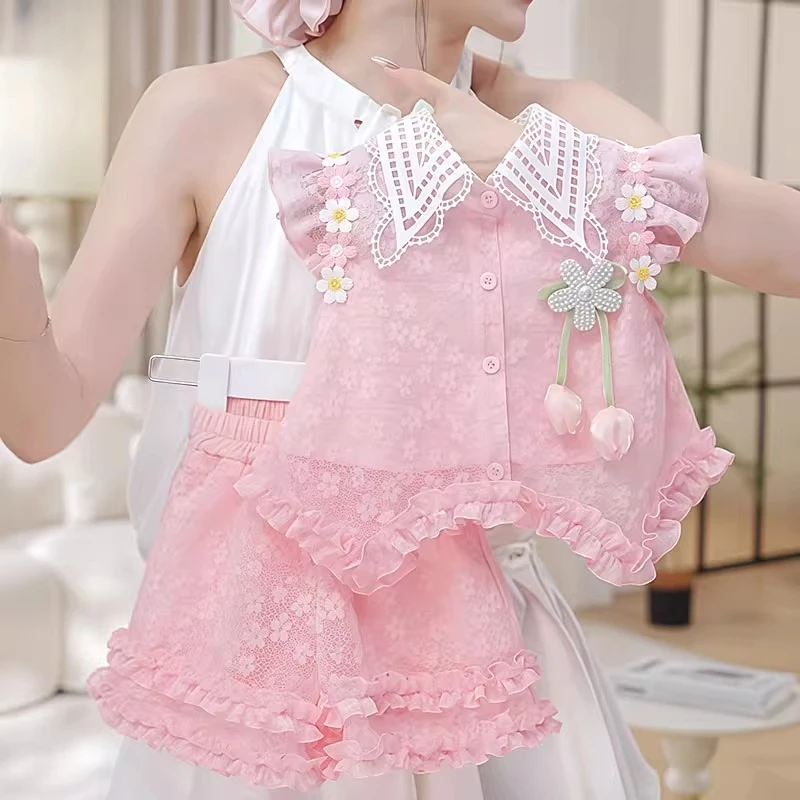 女童飞袖短裤套装2025夏装女宝花边洋气衬衫裙裤蝴蝶结超火两件套