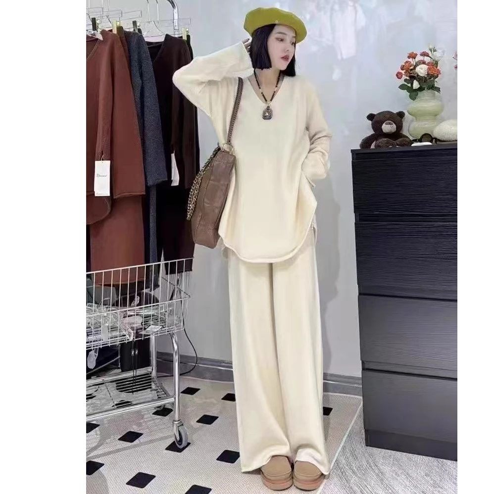 2025春季新款时尚套装女V领坠感阔腿裤俩件套
