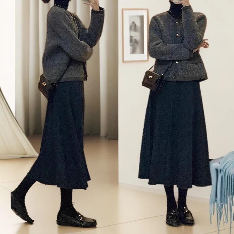 黑色毛呢半身裙女春秋2025新款遮肚显瘦梨形身材中长款a字伞裙子