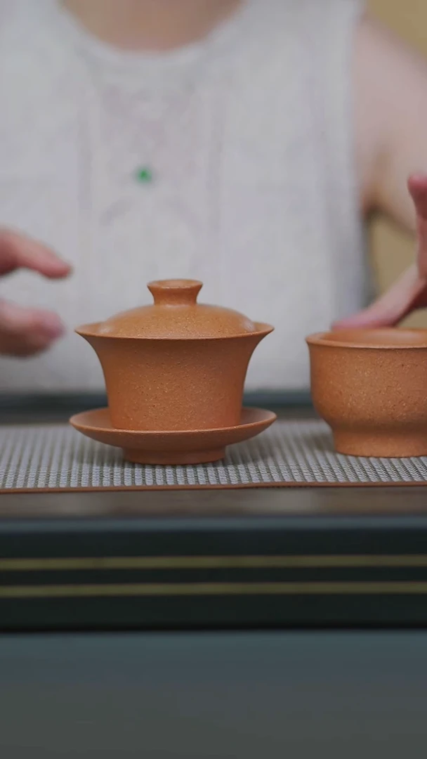 茶壶紫砂01-微瑕红降坡三才盖碗+微瑕六两杯