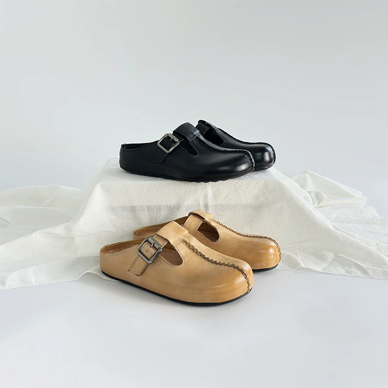 Panvren25夏季新款原创水洗马皮手工复古百搭裙子半拖小勃肯女鞋