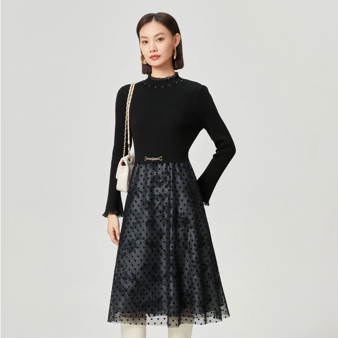 NAERSI/娜尔思气质长裙黑色珠片蕾丝长裙长袖连衣裙冬季NF10739W0