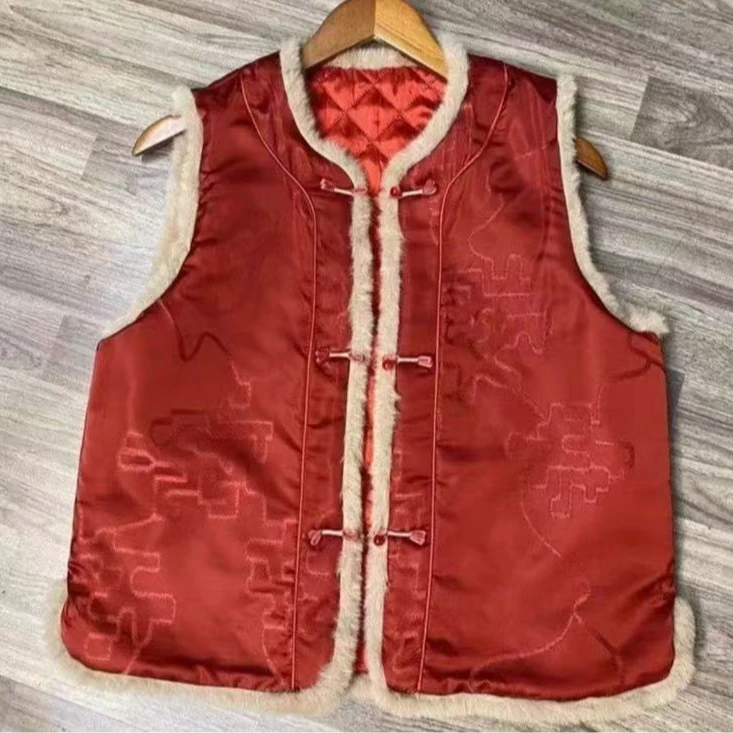 【红颜】新中式拜年服红色马甲背心2025冬季人丝夹棉马甲复古盘扣