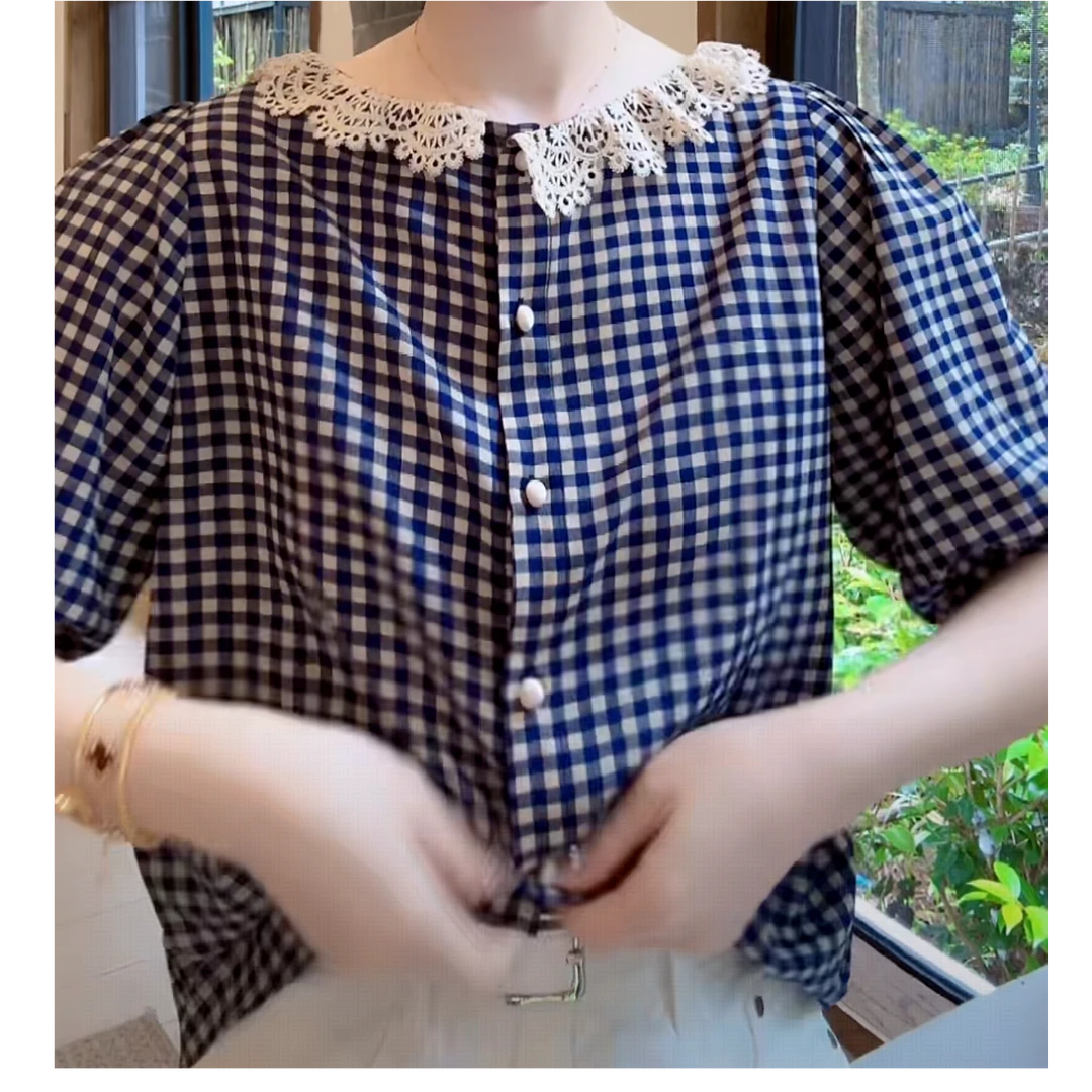 时尚蕾丝花边圆领格子娃娃领衬衫女2025夏季新款宽松休闲百搭衬衣