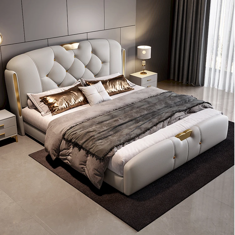 轻奢现代真皮床高端主卧双人床1.8米简约2米大床意式储物软包婚床