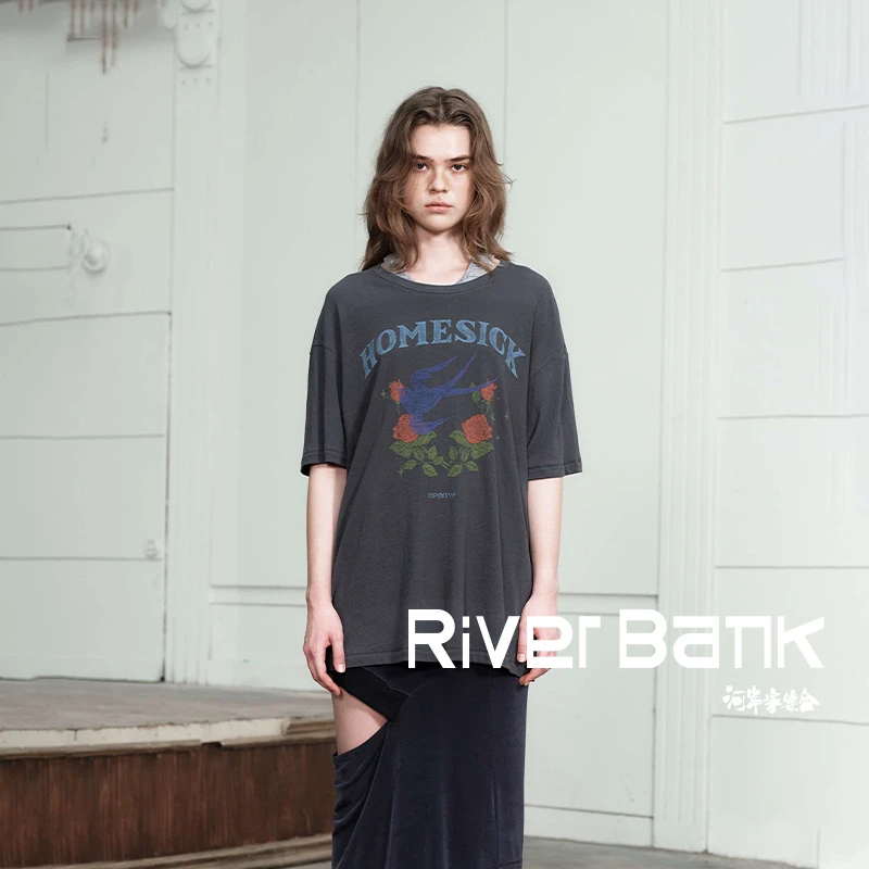 河岸家买手店设计师OPEN YY宽松玫瑰花燕子印花短袖T恤女25春夏