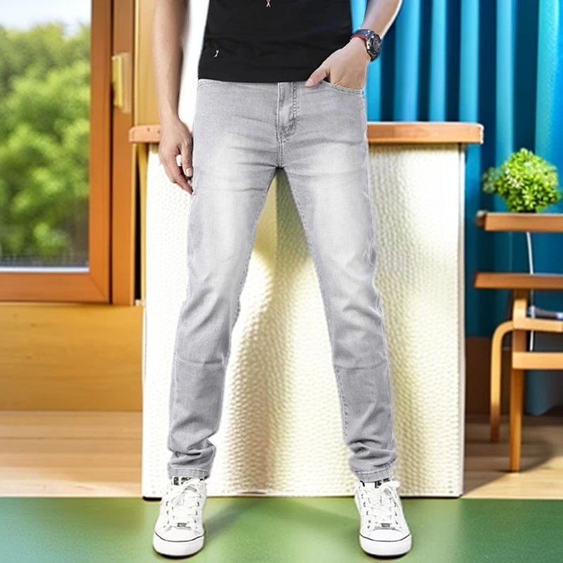 娜罗普西时尚烟灰色牛仔裤男弹力修身小直筒百搭休闲韩版男士长裤