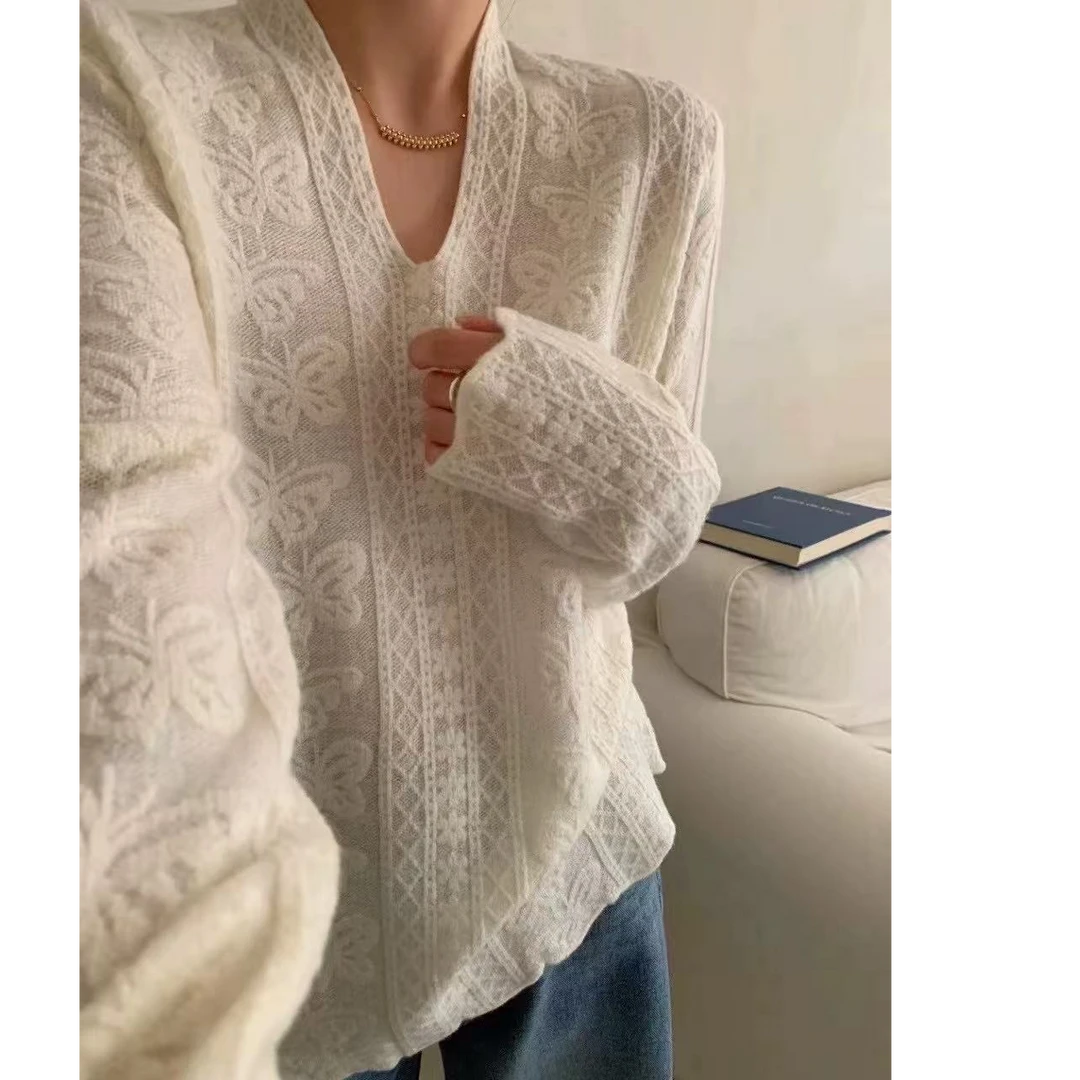 欧洲站早春韩系气质V领蝴蝶蕾丝钩花针织套头打底上衣1023-1