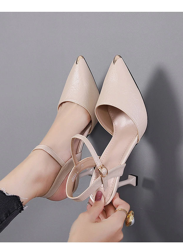 真皮包头凉鞋尖头女高跟女士鞋子百搭夏季外穿一字带细跟高跟鞋