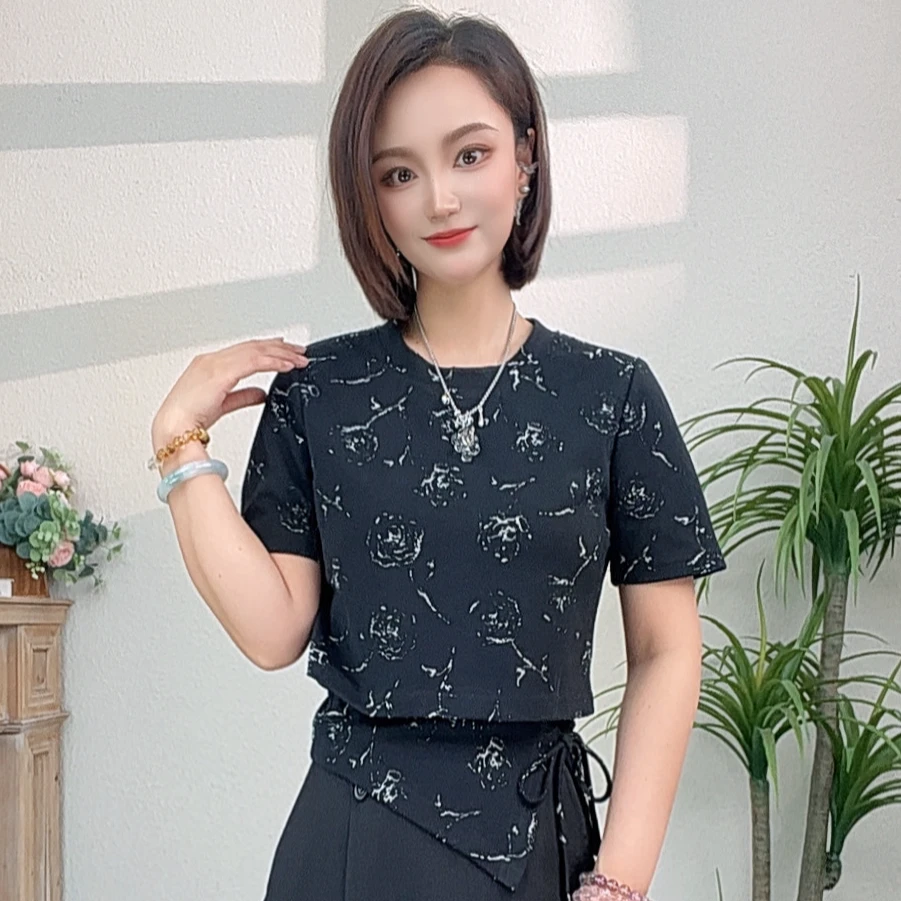 蔡小姐宽松洋气减龄时尚印花拼接短袖夏季2025年新款百搭显瘦上衣