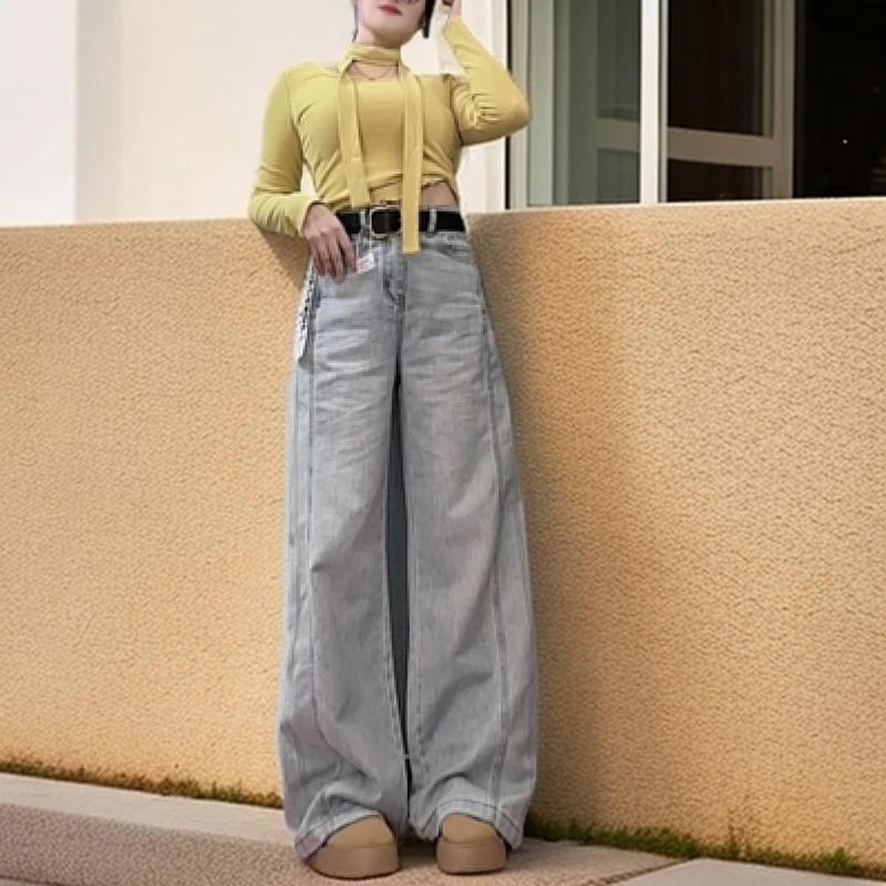 Simeile 女生春款双压线直筒阔腿裤拖地裤高腰宽松时尚显瘦牛仔裤