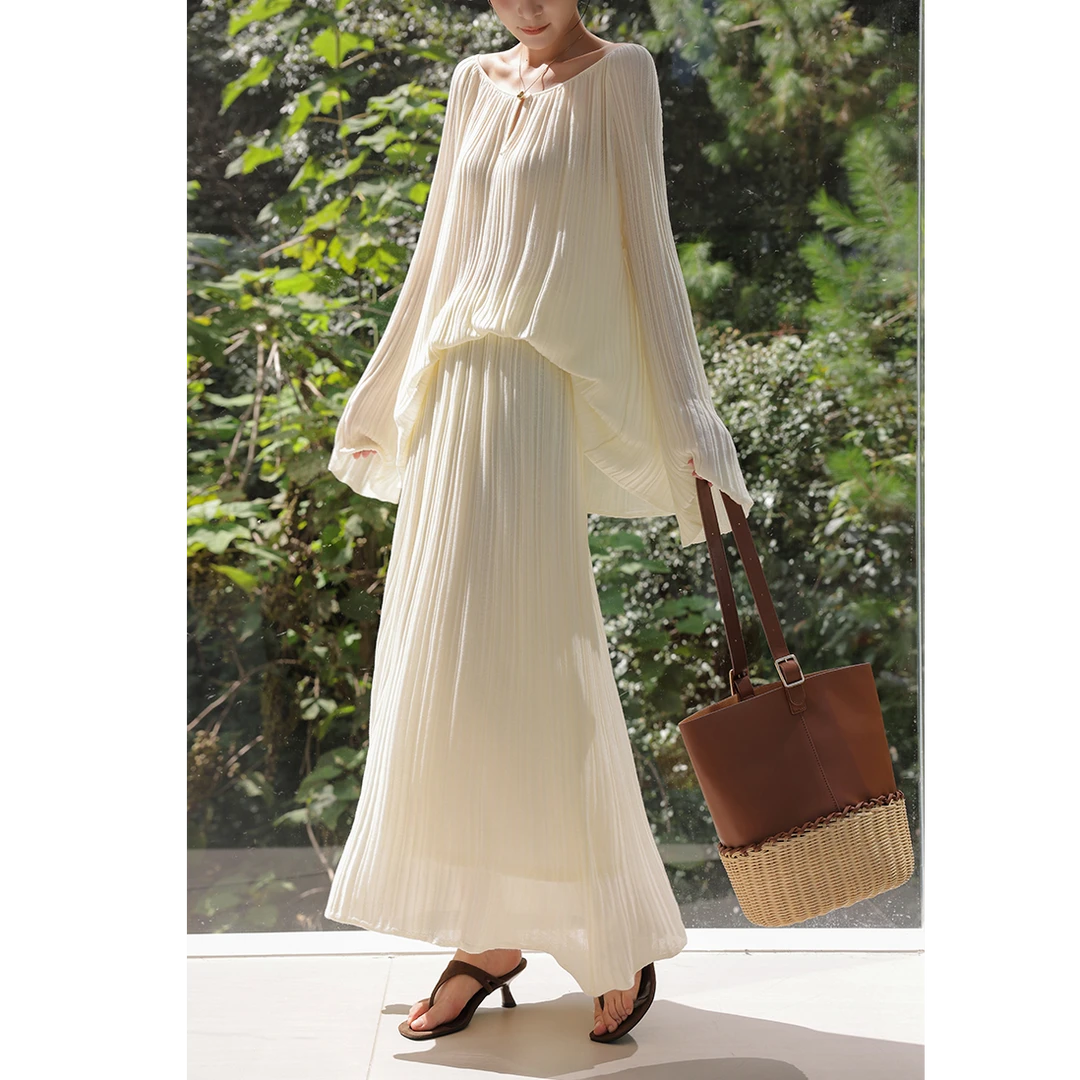 JWUNIQUE酒窝天丝肌理感两件套装女2025秋季长袖宽松上衣半身长裙