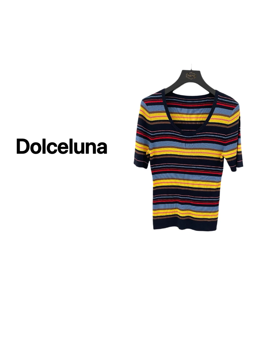 【月姐严选】夏季细坑条彩条条纹U领时尚百搭针织女士短袖T恤16885
