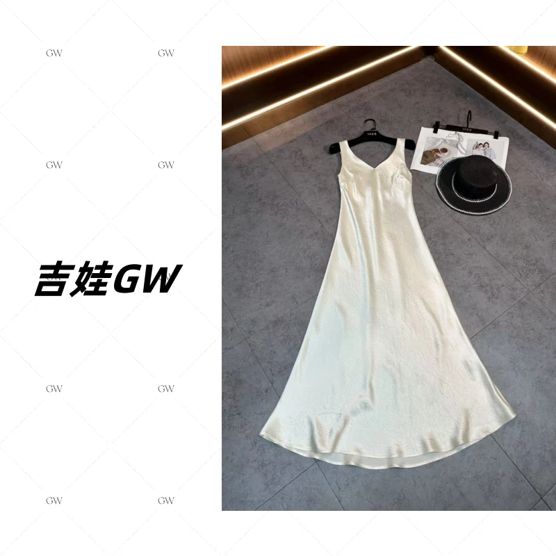 GW重磅三醋酸缎面【墨黛】优雅女人味v领背心吊带连衣裙DD气质