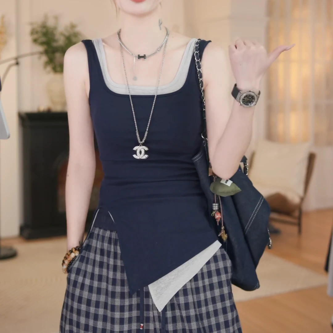 夏季新款假两件拼接撞色背心吊带显瘦修身t百搭简约LK2504789