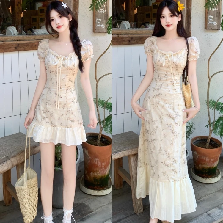 5590 长短款/夏季新款重工刺绣收腰显瘦泡泡袖连衣裙