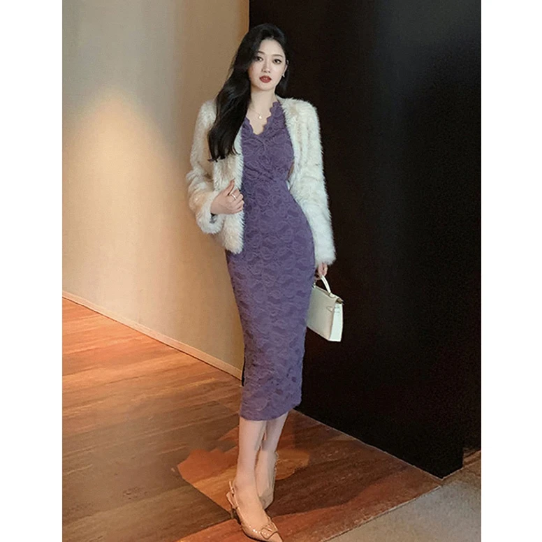 网红爆款蕾丝连衣裙女秋季2025新款法式名媛气质修身打底包臀裙