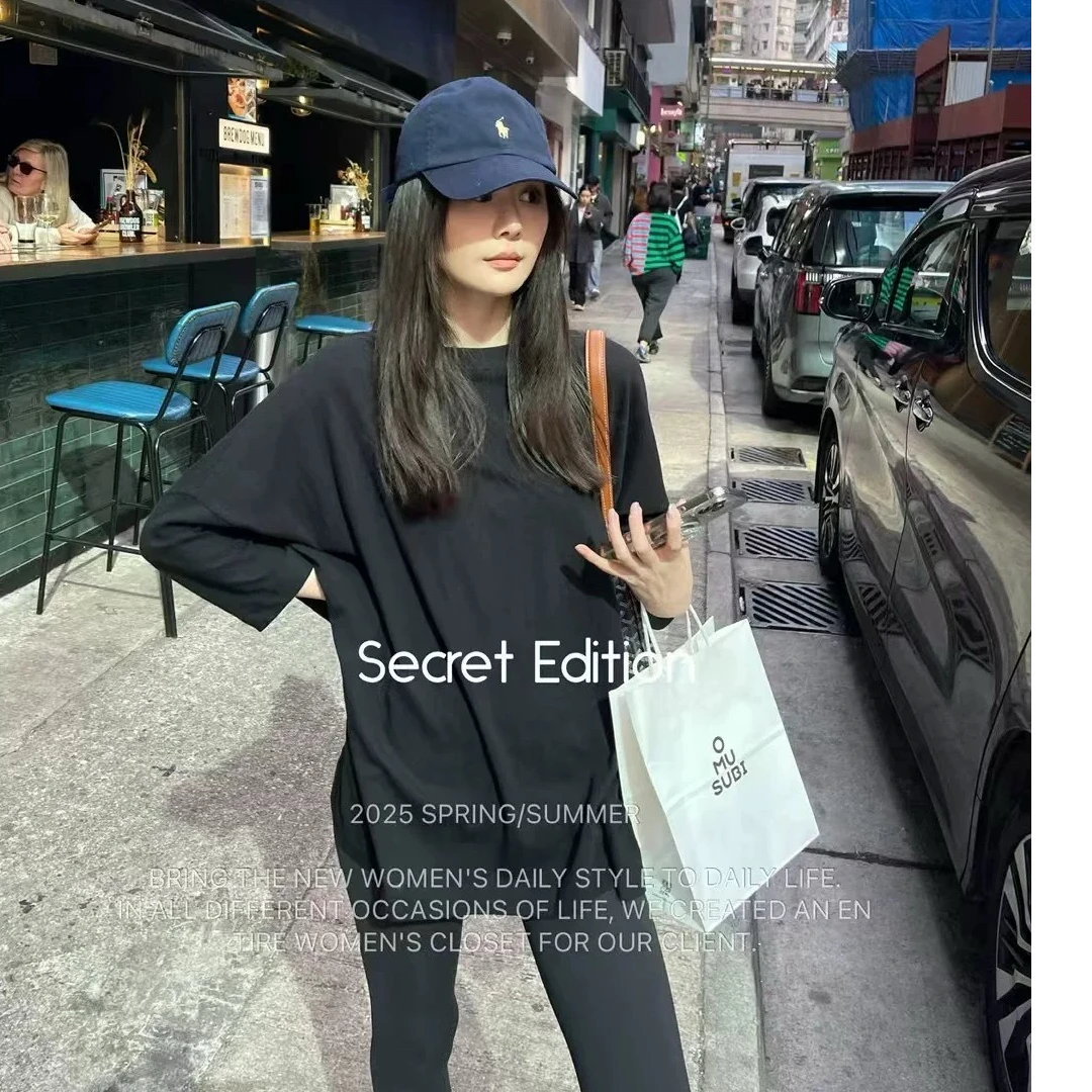 【周周服饰】深圳小众设计师款慵懒中长款宽松百搭短袖T恤女夏新款