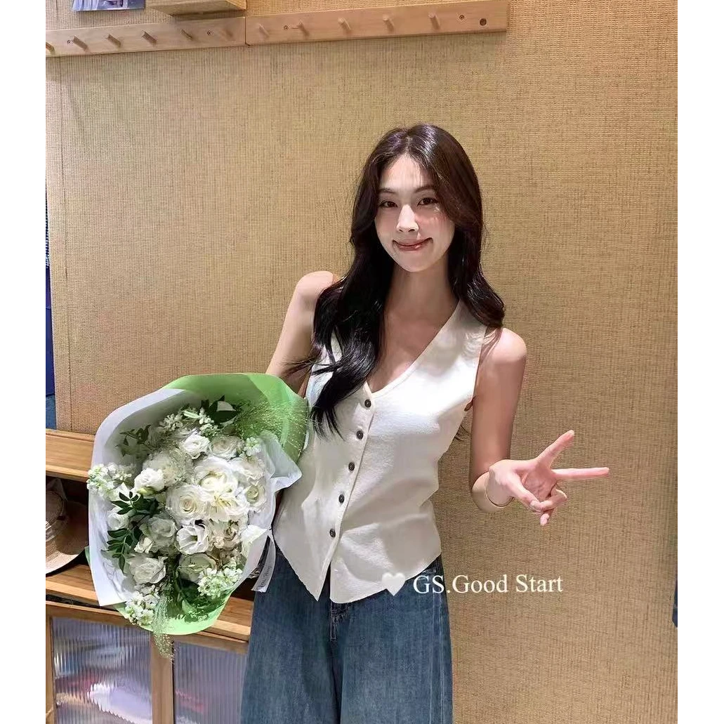 王永家~夏季法式v领白色冰凉透气针织吊带背心2230