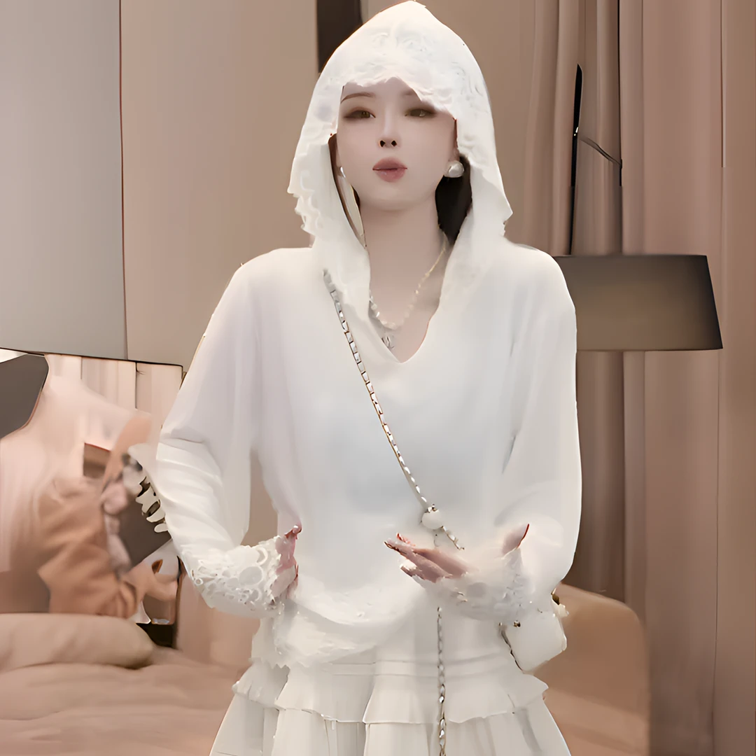 春季2025新款连帽蕾丝花边拼接针织衫气质百搭重工钩花上衣女长袖