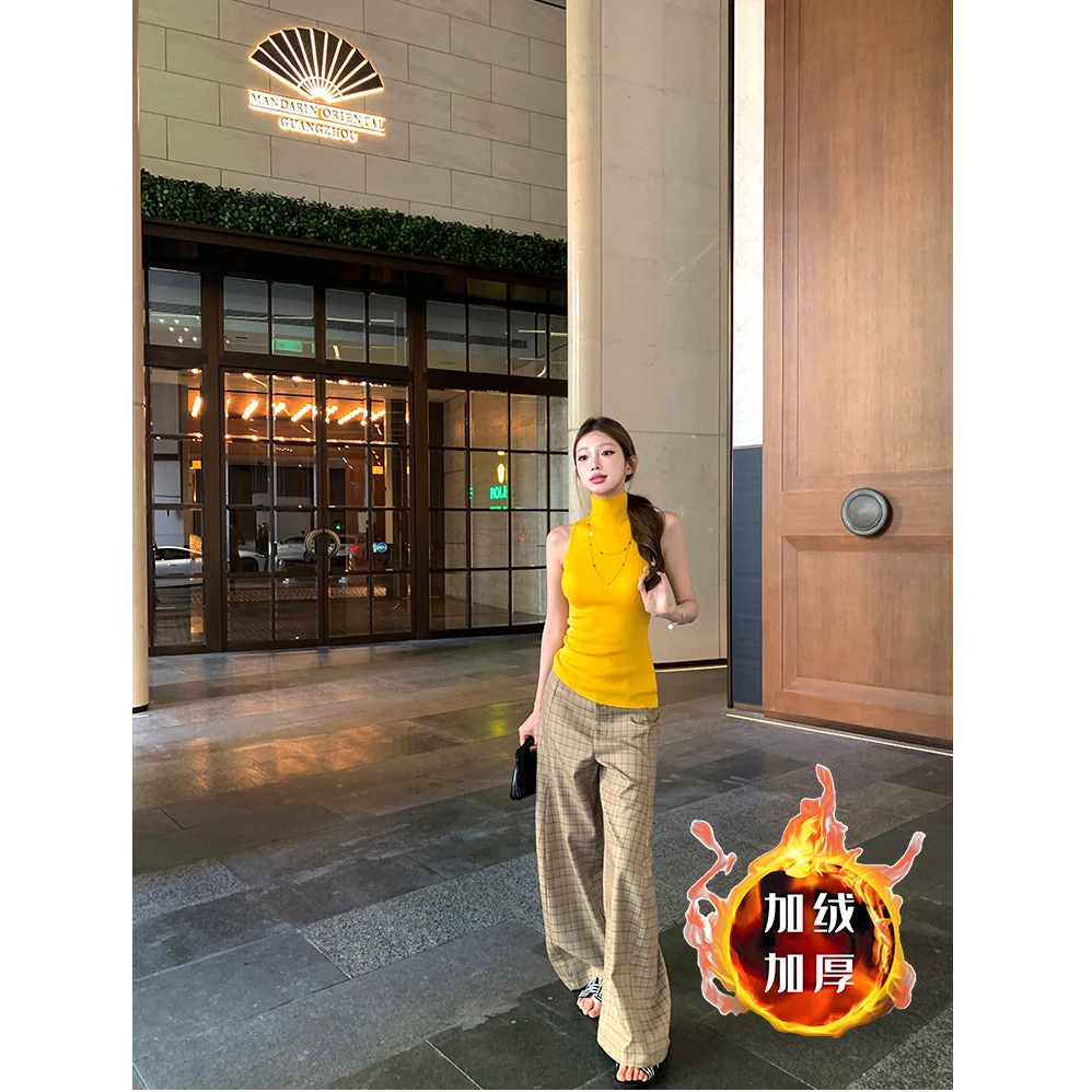 复古格纹弯刀阔腿裤女款加绒加厚长裤宽松低腰休闲百搭拖地裤秋冬