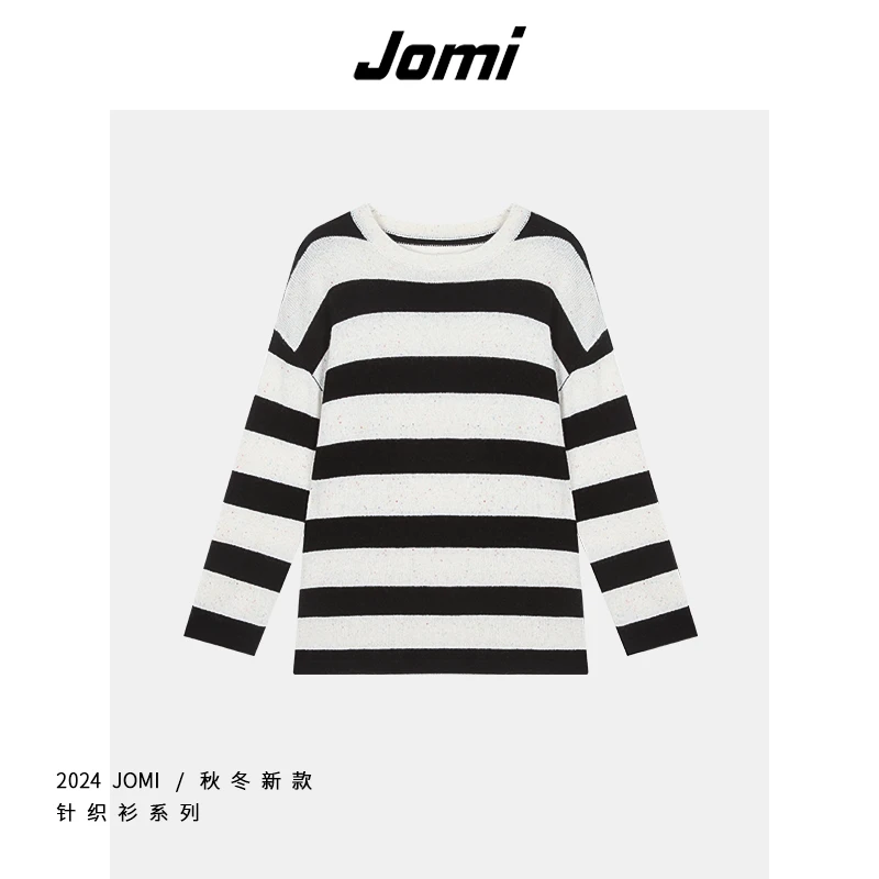 JOMI宽松圆领条纹针织衫撞色休闲长袖上衣J4342B059