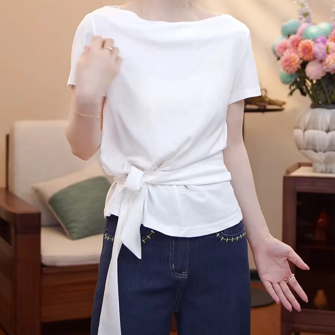 洋气拼接绑带收腰显瘦不规则T恤2025年夏季新款时尚百搭短袖上衣