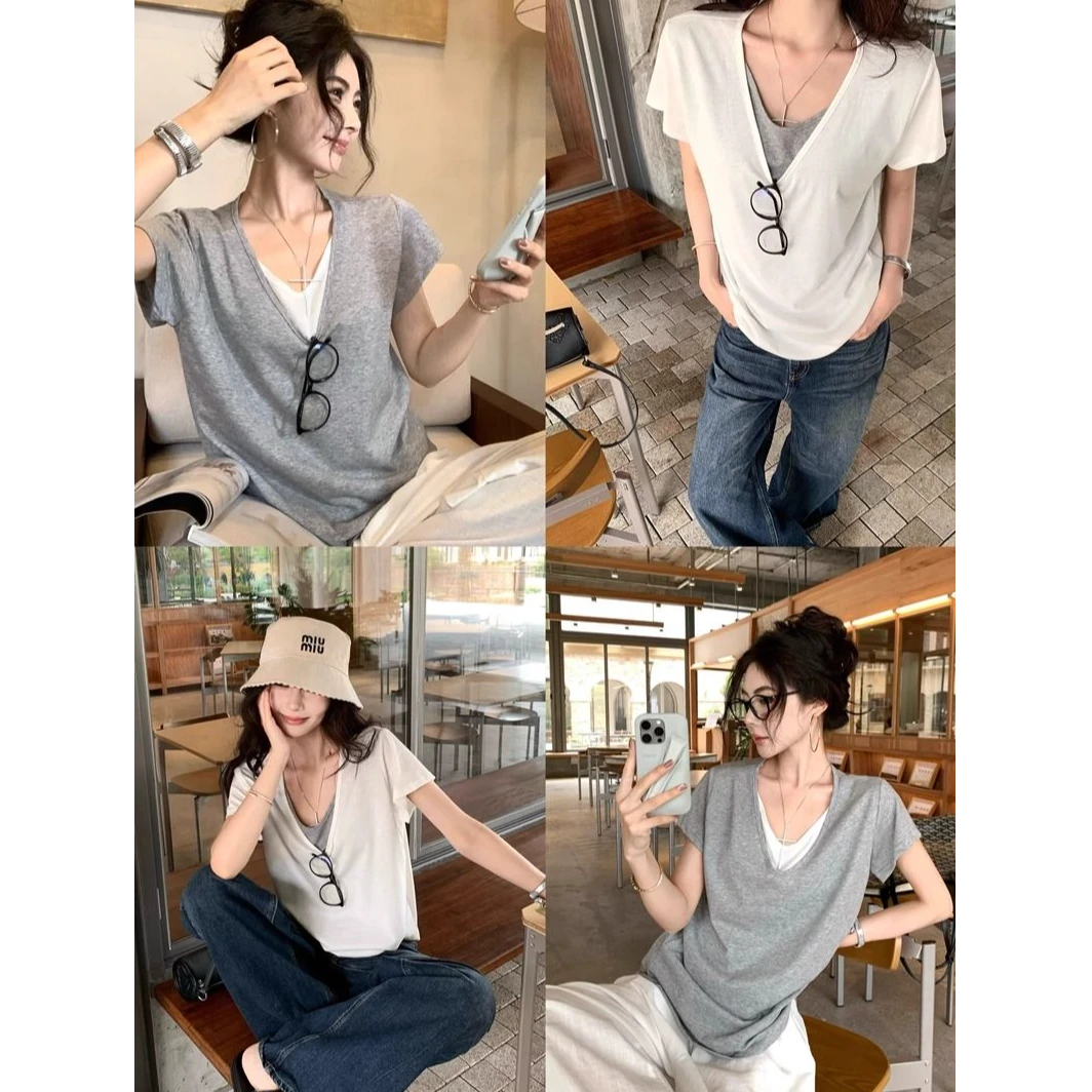 由子衣舍/Youzi Atelier拼接假两件v领短袖T恤女宽松设计百搭上衣