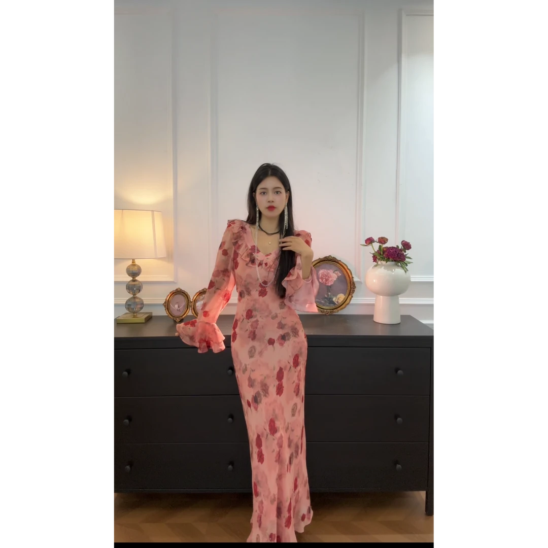 【干枯玫瑰长袖】夏款法式玫瑰长款正反两穿女装时尚显瘦轻奢气质