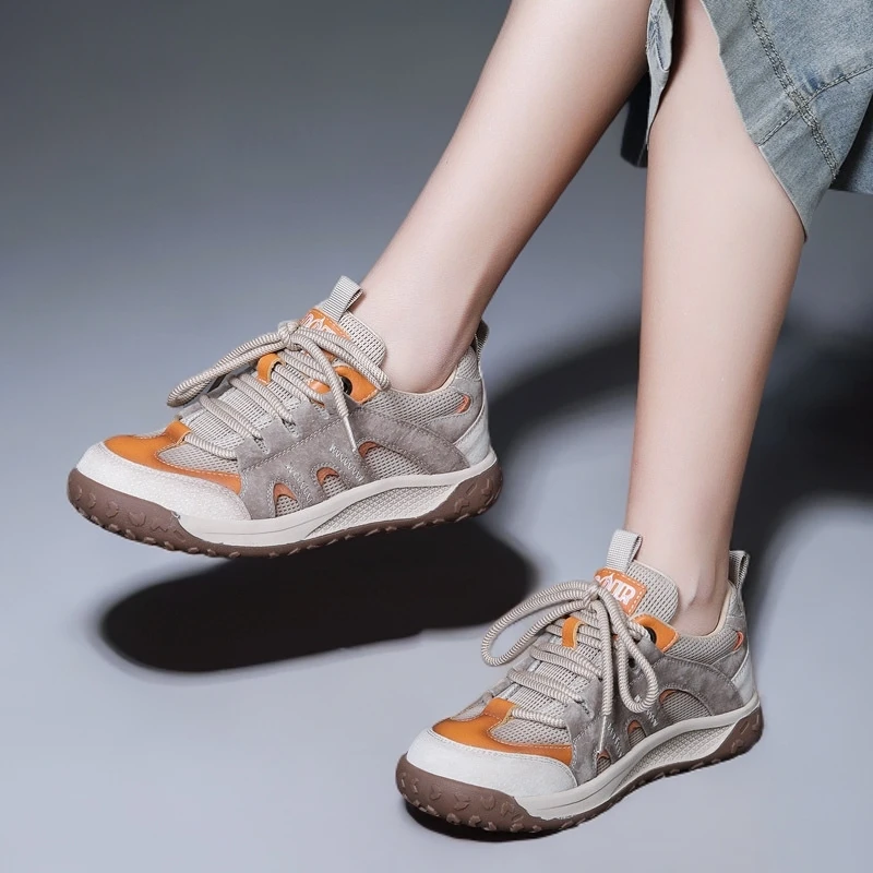 25春夏新款头层牛皮拼色系带休闲女鞋网鞋真皮平底运动风单鞋