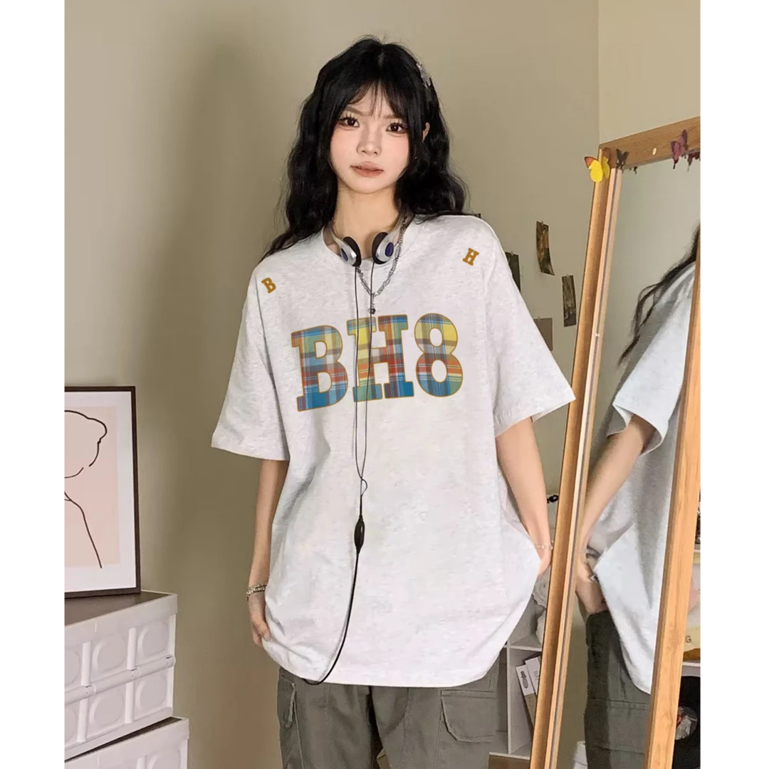 美式复古字母贴布刺绣ins短袖T恤女夏季宽松情侣短袖百搭半袖上衣